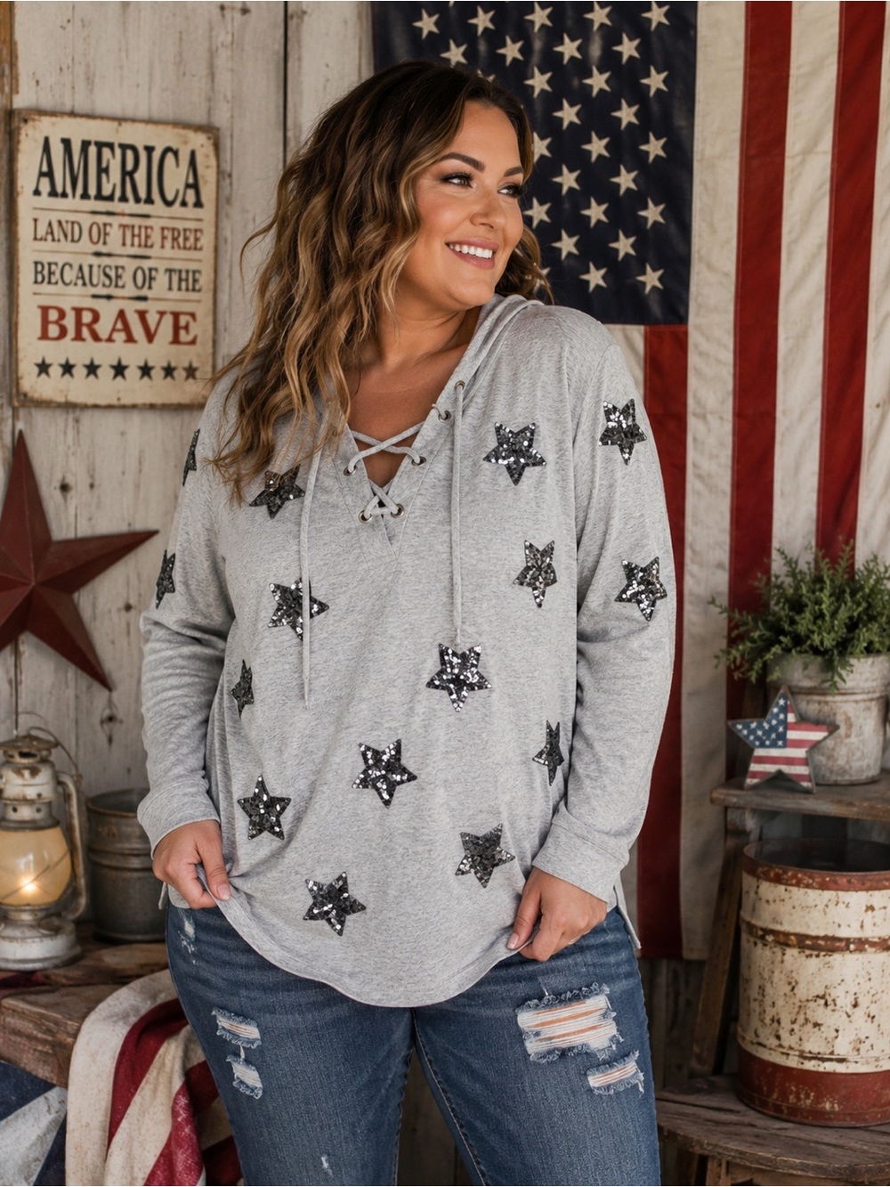 the INC International Concepts Embellished Star Lightweight Hoodie Plus Size 2X